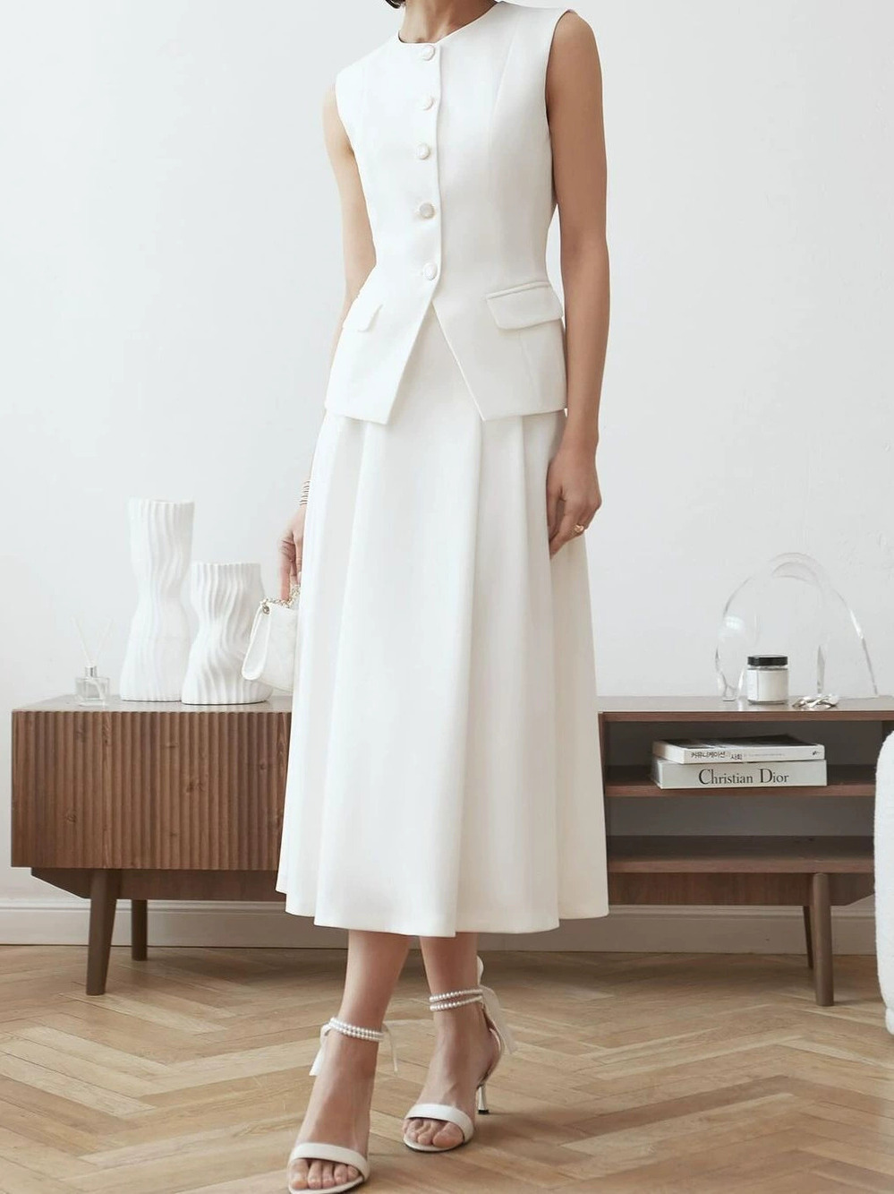 Zara White Summer Suit Set Sleeveless Vest High Waist Skirt